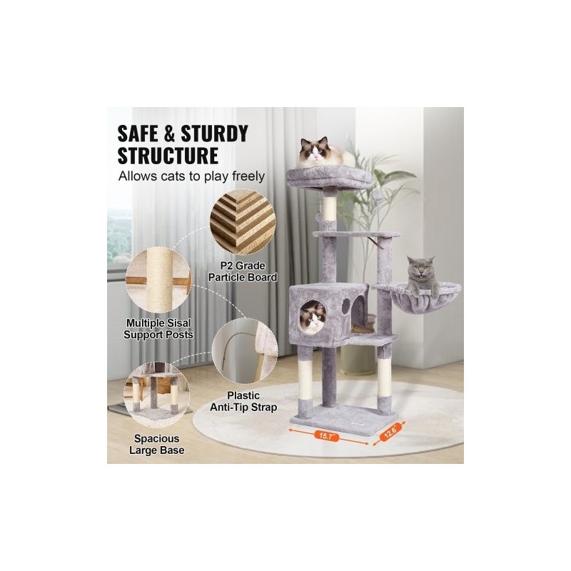 Kissan kiipeilypuu 114,8 senttimetriä 5 tasoa sisal-raapimapylväät riippukori piilopesä vaaleanharmaa