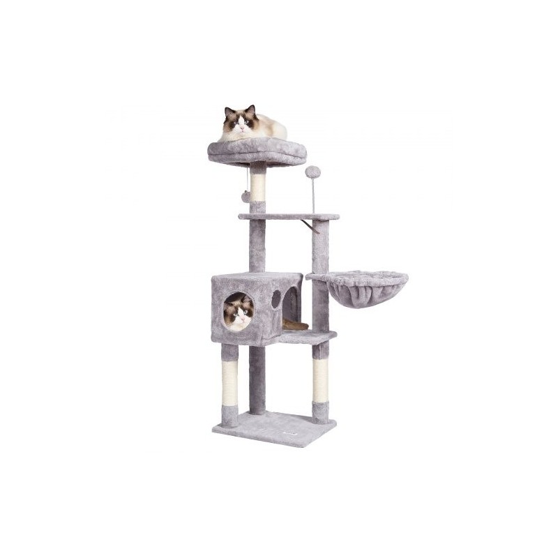 Kissan kiipeilypuu 114,8 senttimetriä 5 tasoa sisal-raapimapylväät riippukori piilopesä vaaleanharmaa