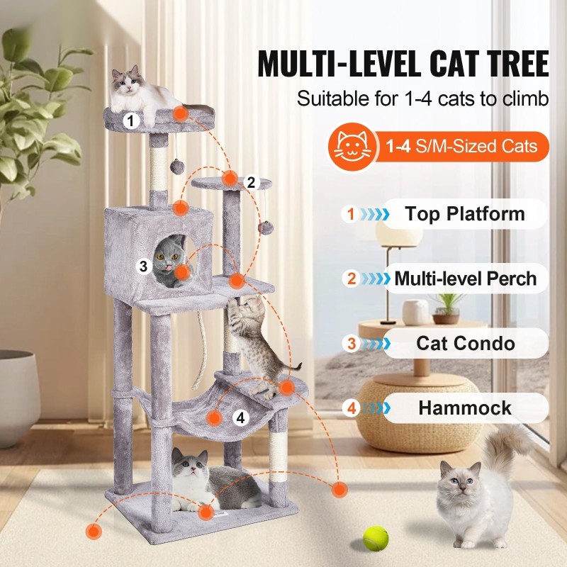 Kissapuu lastulevy 143 cm 6 tasoa sisalilla päällystetyt pylväät riippumatto koppi vaaleanharmaa