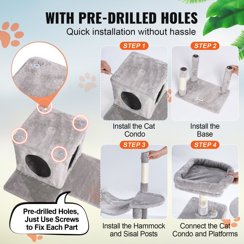 Kissapuu lastulevy 143 cm 6 tasoa sisalilla päällystetyt pylväät riippumatto koppi vaaleanharmaa