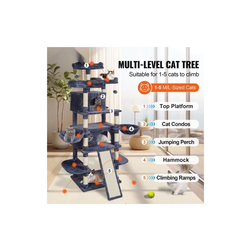 Kissan kiipeilypuu 174 cm 10 tasoa 2 pesää sisalköysillä päällystetyt pylväät