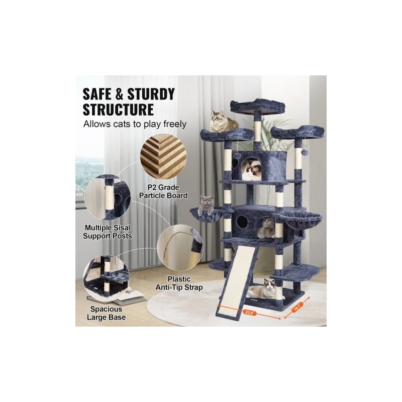 Kissan kiipeilypuu 174 cm 10 tasoa 2 pesää sisalköysillä päällystetyt pylväät