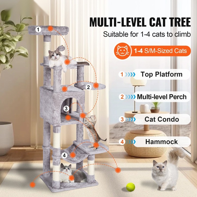 Kissan kiipeilypuu P2-luokan lastulevy seitsemän tasoa sisal-raapimapylväät 154 cm vaaleanharmaa