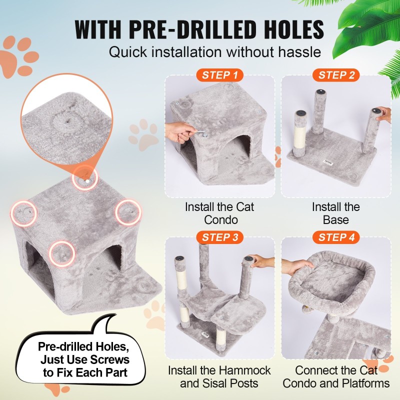Kissan kiipeilypuu P2-luokan lastulevy seitsemän tasoa sisal-raapimapylväät 154 cm vaaleanharmaa