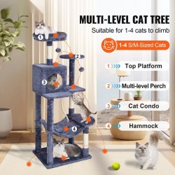 Monitasoinen kissan kiipeilypuu 143 cm korkea tummanharmaa sisalköydillä 6 tasoa