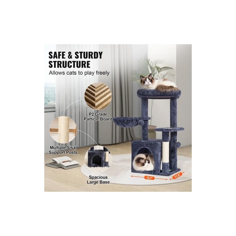 Kissapuu neljä tasoa sisalpylväät riippumatto kissakoppi 80 cm tummanharmaa