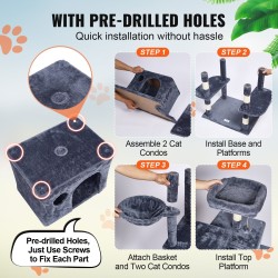 Monitasoinen kissan raapimispuu lastulevy sisalpylväät 174 cm korkea 2 mökkiä tummanharmaa