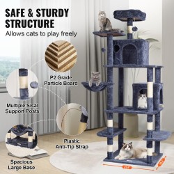 Monitasoinen kissan raapimispuu lastulevy sisalpylväät 174 cm korkea 2 mökkiä tummanharmaa