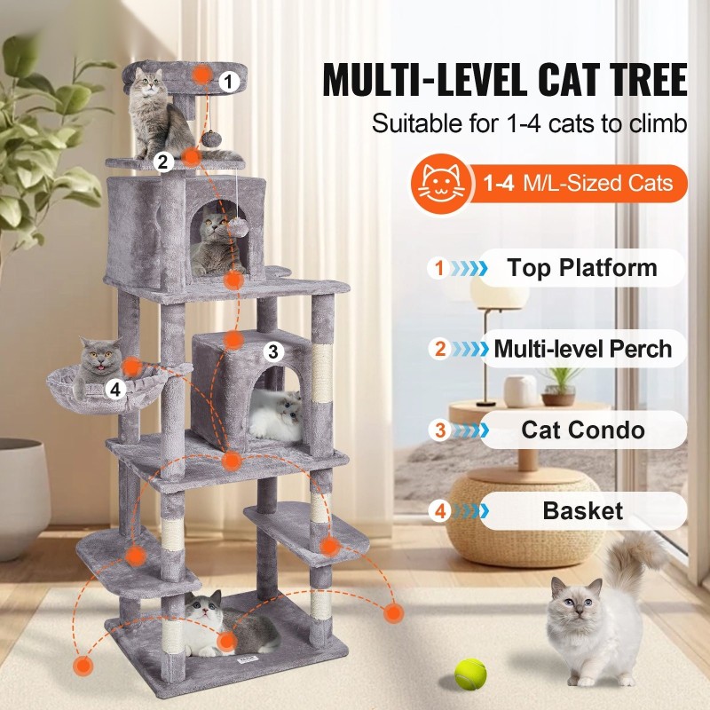 Monitasoinen kissapuu 8 tasoa 2 kissakoloa sisalpylväät riippumatto vaaleanharmaa 174 cm