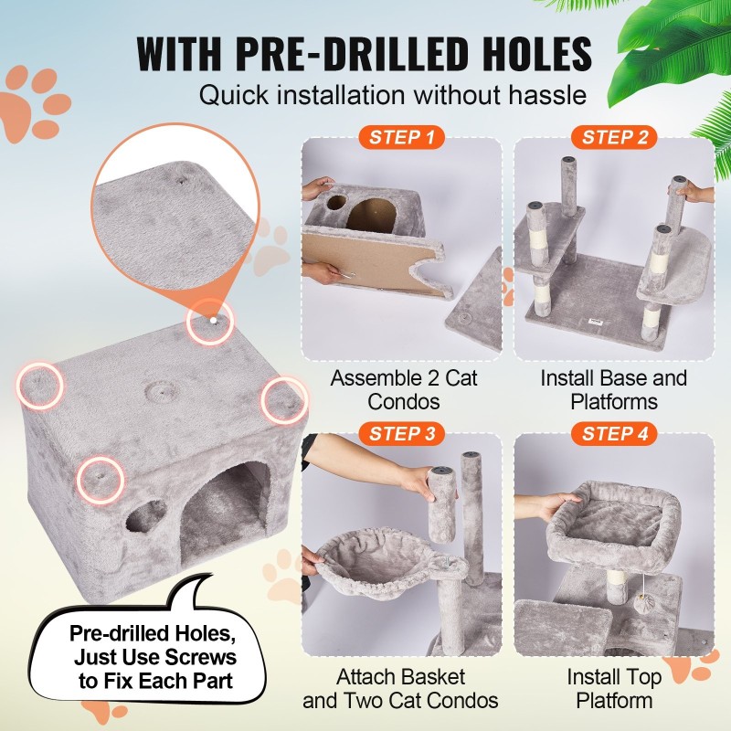 Monitasoinen kissapuu 8 tasoa 2 kissakoloa sisalpylväät riippumatto vaaleanharmaa 174 cm