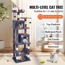 Kissan kiipeilypuu 7 tasoa 160 cm tummanharmaa sisalraapimapylväät 2 kissakotia riippumatto