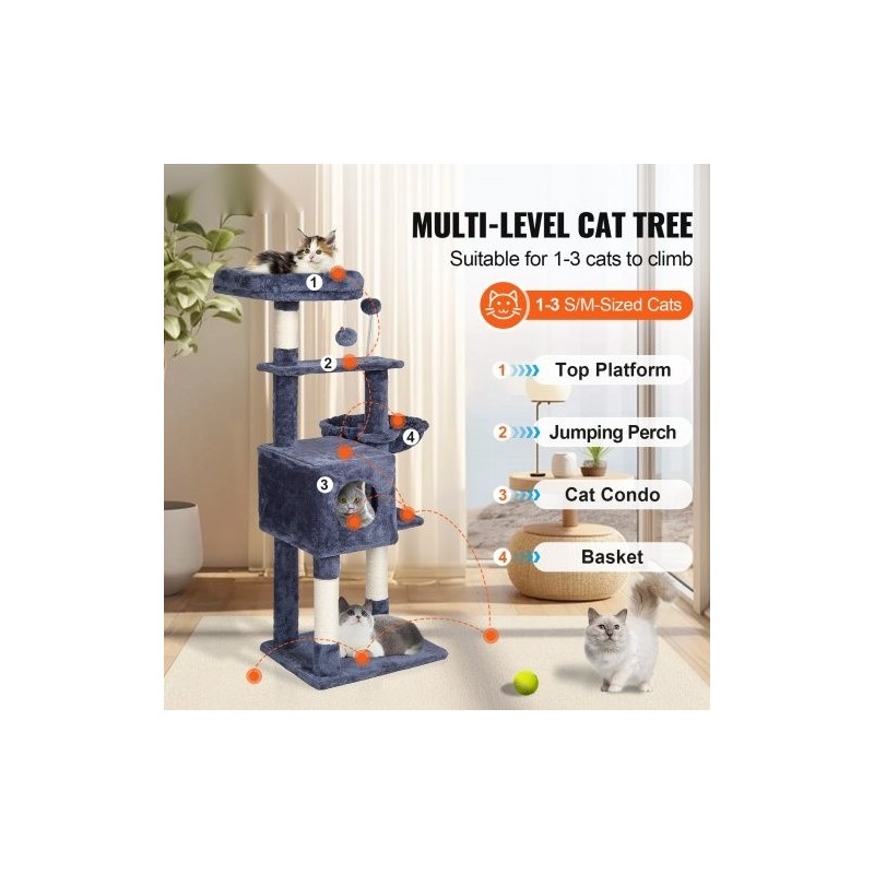 Kissankiipeilypuu lastulevy 115 cm korkea 5 tasoa sisal-raapimapylväät riippumatto kissankoppi tummanharmaa