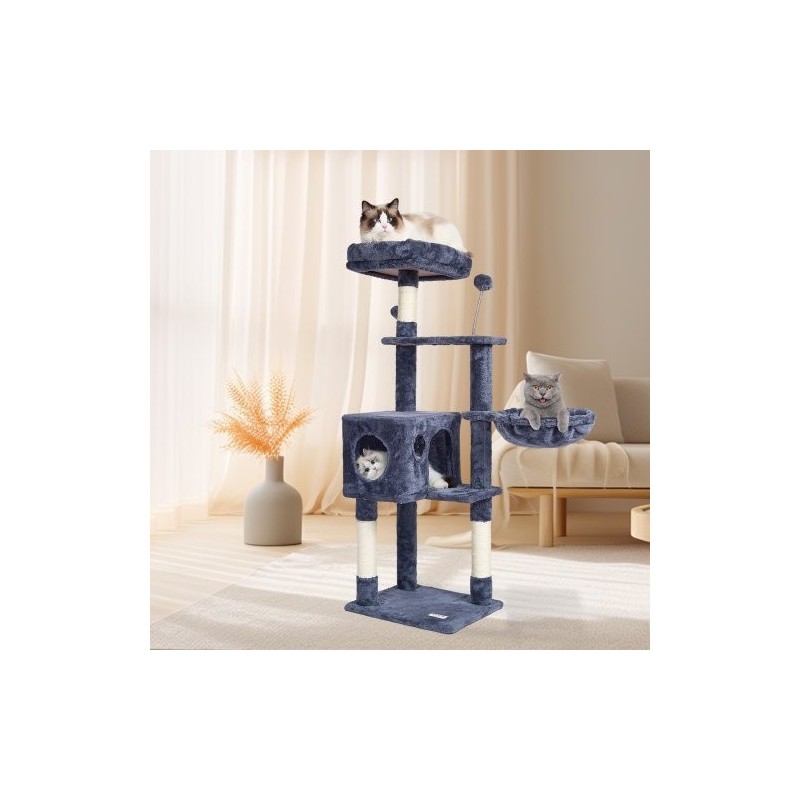 Kissankiipeilypuu lastulevy 115 cm korkea 5 tasoa sisal-raapimapylväät riippumatto kissankoppi tummanharmaa