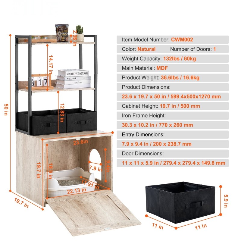 Puinen kissanvessakaappi 12 mm MDF 59,9x50x127 cm 2 hyllyä 2 koria