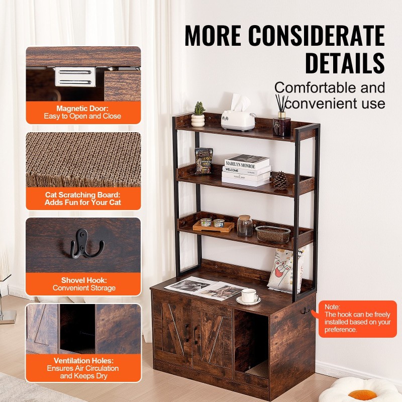 Kissan hiekkalaatikon piilotettava kaappi MDF tummanruskea kolme hyllyä kaksi ovea