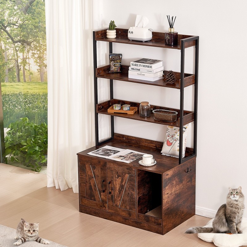 Kissan hiekkalaatikon piilotettava kaappi MDF tummanruskea kolme hyllyä kaksi ovea