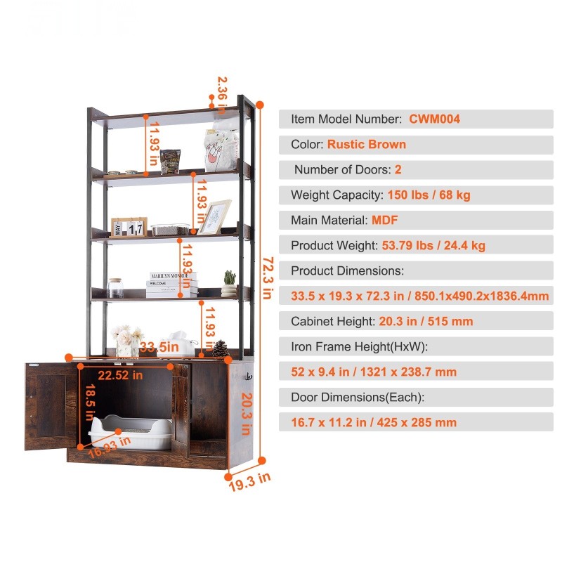 Kissanvessakaappi MDF-levy 4 hyllyä tummanruskea mitat 850 x 490 x 1836 mm