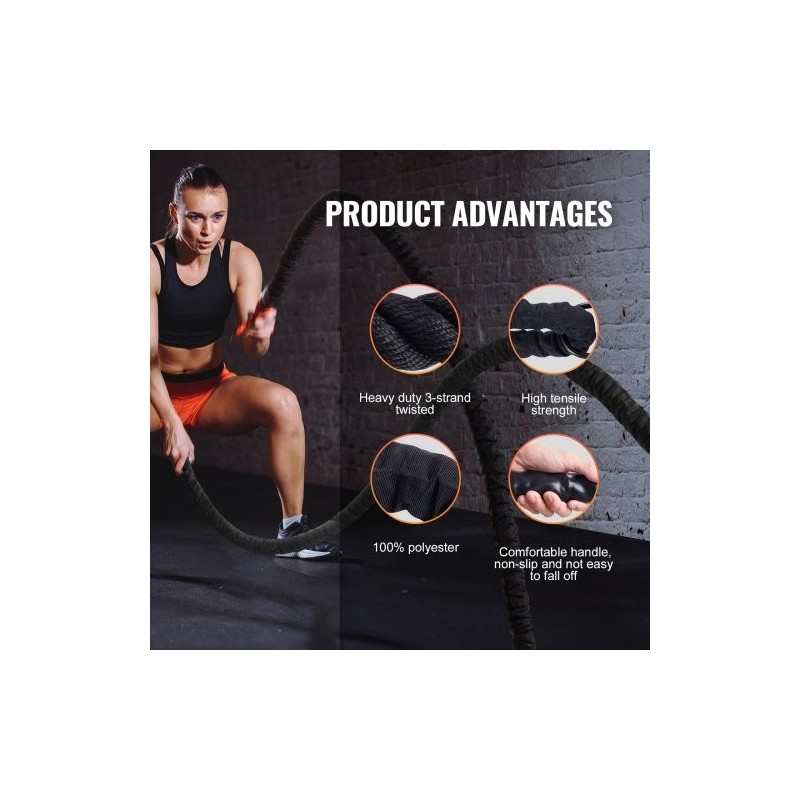 Harjoitusköysi polyesterinen 12,2 m halkaisija 38 mm musta suojasukka kiinnike