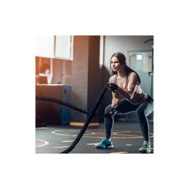 Harjoitusköysi polyesterinen 12,2 m halkaisija 38 mm musta suojasukka kiinnike