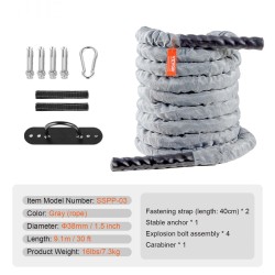 Polyesterinen harjoitusköysi 9,1 metriä 38 millimetriä 7,3 kiloa harmaa suojasukka