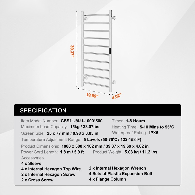 Seinäasennettava 10-putkinen ruostumattomasta teräksestä valmistettu pyyhekuivain 1000×500 mm viisi lämpötilatasoa