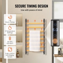 Pyyhekuivain seinäkiinnitteinen ruostumaton teräs kahdeksan poikkoputkea vesitiivis ajastin viisi lämpötasoa