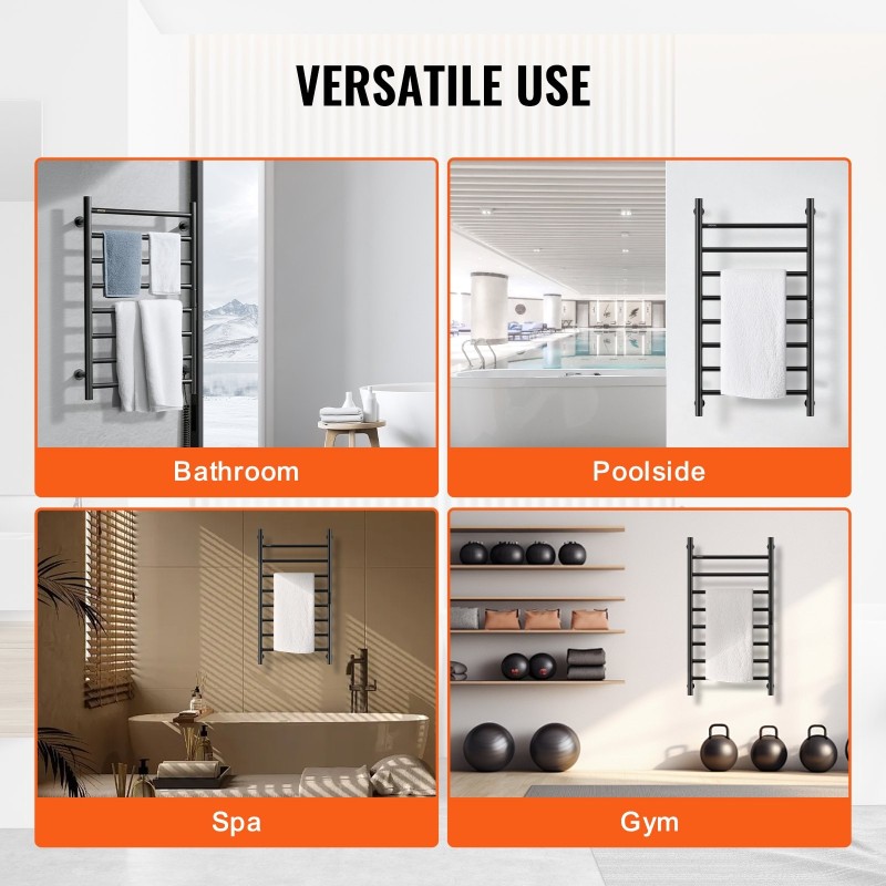 Pyyhekuivain seinäkiinnitteinen ruostumaton teräs kahdeksan poikkoputkea vesitiivis ajastin viisi lämpötasoa