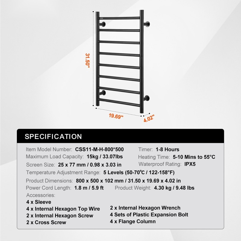 Pyyhekuivain seinäkiinnitteinen ruostumaton teräs kahdeksan poikkoputkea vesitiivis ajastin viisi lämpötasoa