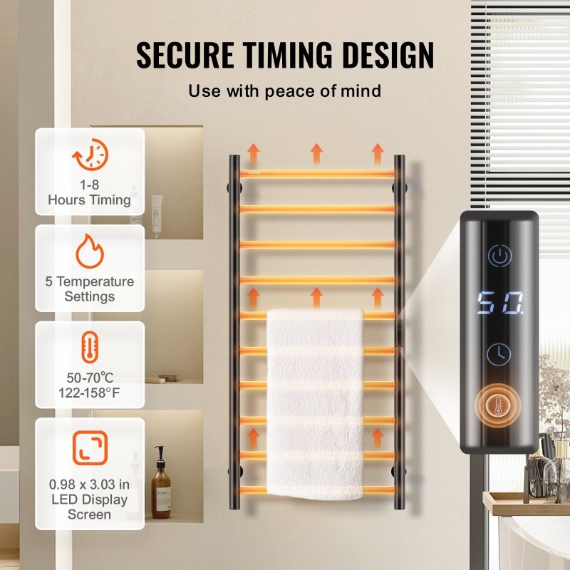 Pyyhekuivain 10-putkinen teräksinen seinään asennettava IPX5 ajastin LED-näyttö 50–70 °C