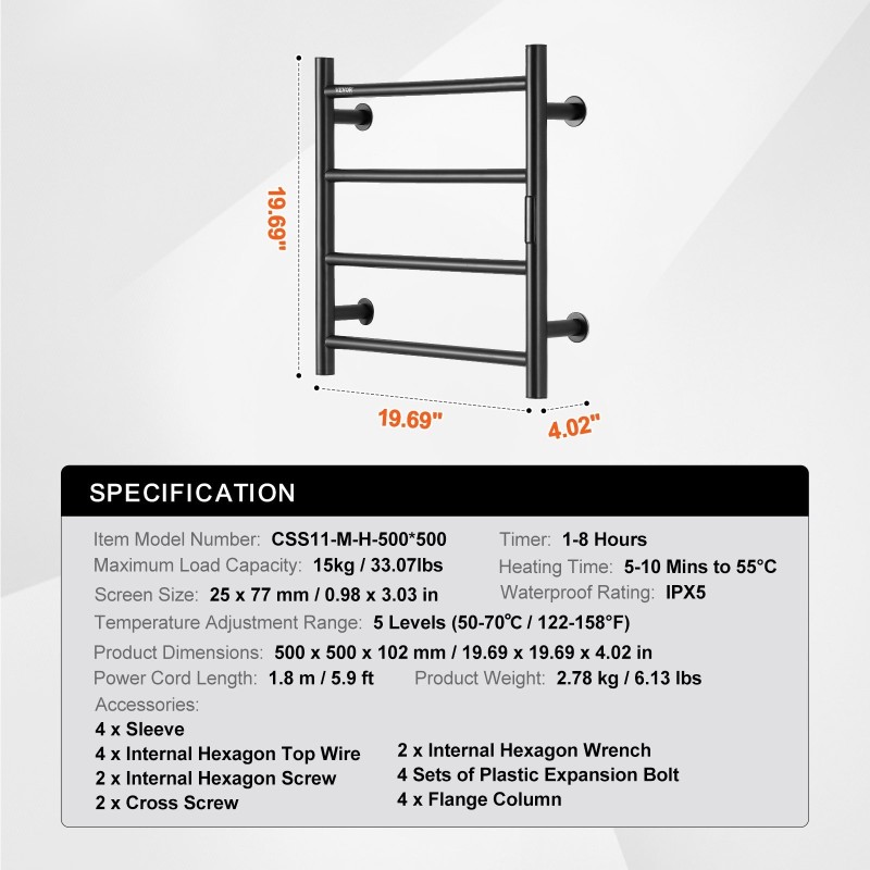 Seinäkiinnitteinen ruostumattomasta teräksestä valmistettu pyyhekuivain neljällä tangolla IPX5 roiskesuojaus 5 lämpötilatasoa