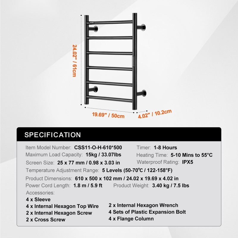 Seinäasennettava ruostumaton teräs pyyhelämmitin kuusi tankoa IPX5 viisiasteinen lämpötilansäätö ajastin LED-näyttö
