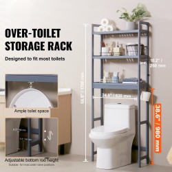 Wc-istuimen yläpuolelle sijoitettava kolmitasoinen bambuhylly harmaa vapaasti seisova säädettävällä keskitasolla