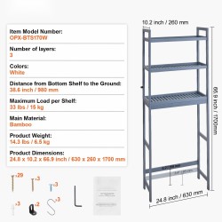 Wc-istuimen yläpuolelle sijoitettava kolmitasoinen bambuhylly harmaa vapaasti seisova säädettävällä keskitasolla
