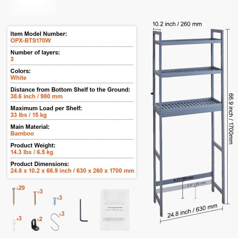 Wc-istuimen yläpuolelle sijoitettava kolmitasoinen bambuhylly harmaa vapaasti seisova säädettävällä keskitasolla