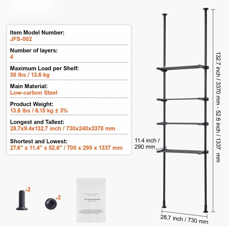 Wc:n yläpuolelle asennettava 4-tasoinen säädettävä alumiini-teräs hylly 1337–3370 mm