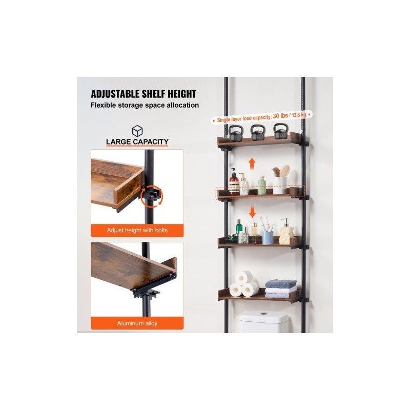 Wc:n yläpuolinen säilytyshylly 4-tasoinen säädettävä puuhyllyt alumiinikannattimet vähähiiliset teräsputket