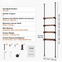 Wc:n yläpuolinen säilytyshylly 4-tasoinen säädettävä puuhyllyt alumiinikannattimet vähähiiliset teräsputket