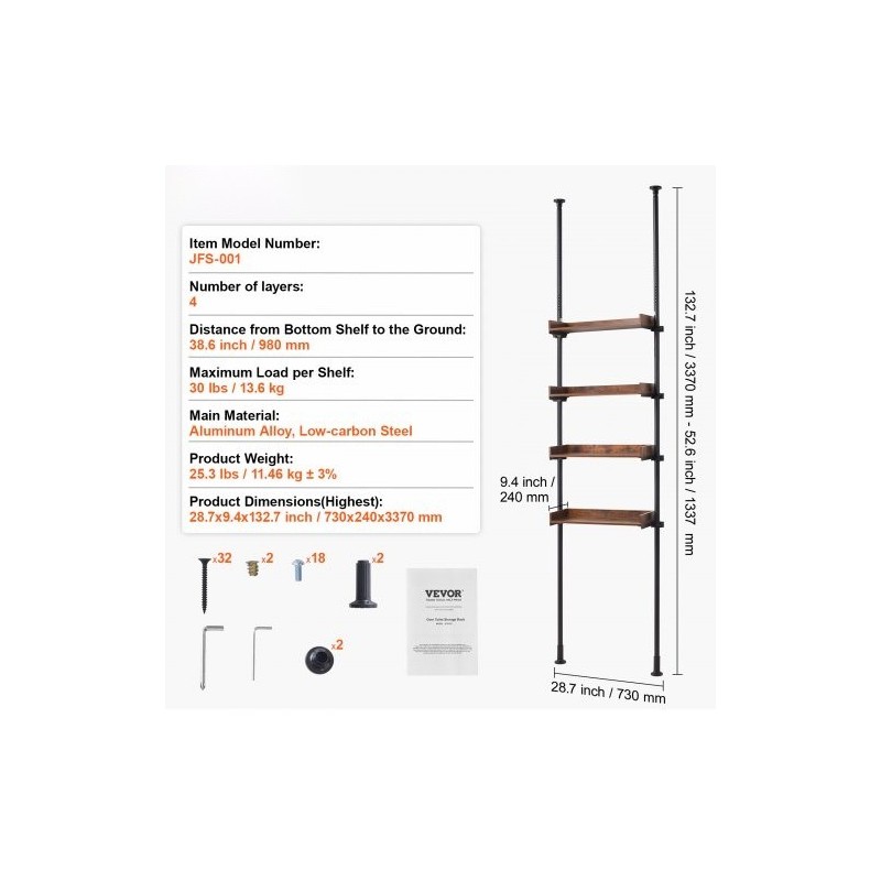Wc:n yläpuolinen säilytyshylly 4-tasoinen säädettävä puuhyllyt alumiinikannattimet vähähiiliset teräsputket