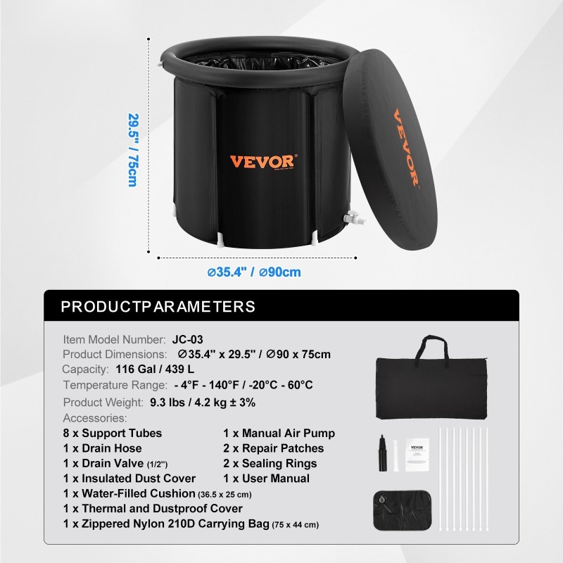 Jääkylpyamme 90 cm 370 l täytettävä kolmikerroksinen komposiittimateriaali taitettava mukana kansi