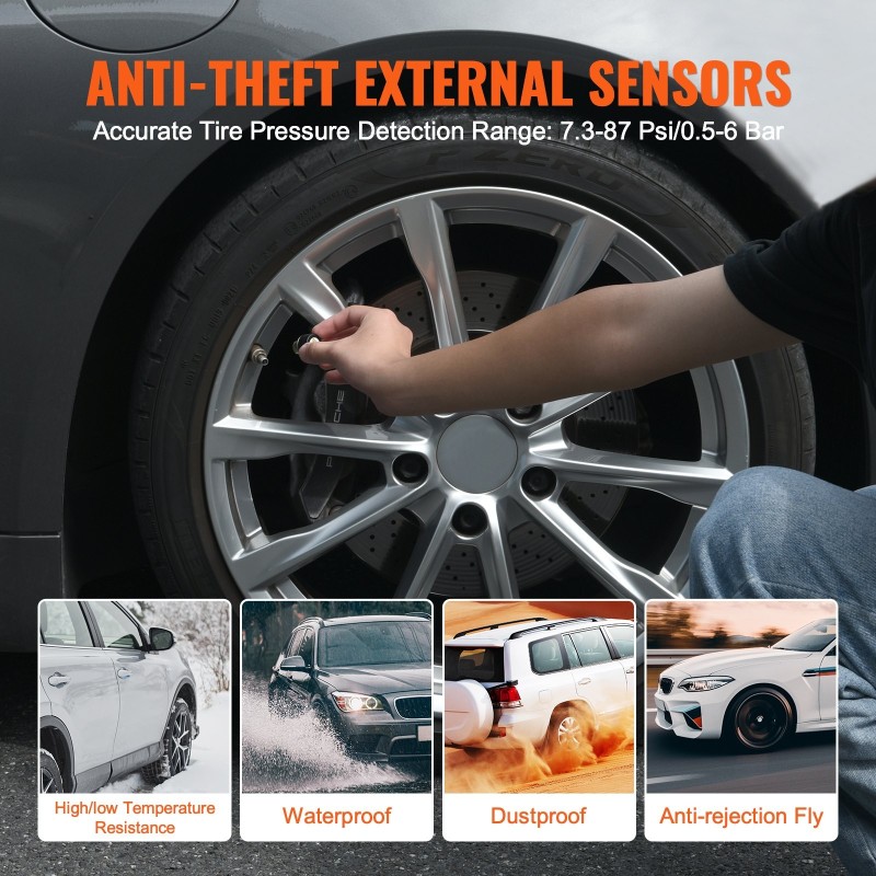 Rengaspaineen valvontajärjestelmä 4 vedenpitävää ulkoisanturia 7,3–87 PSI aurinkolataus USB-lataus reaaliaikainen näyttö