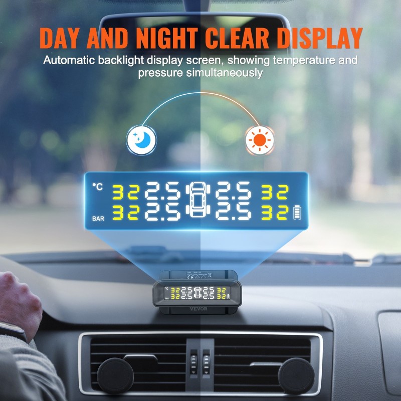 Rengaspaineen valvontajärjestelmä 4 vedenpitävää ulkoisanturia 7,3–87 PSI aurinkolataus USB-lataus reaaliaikainen näyttö