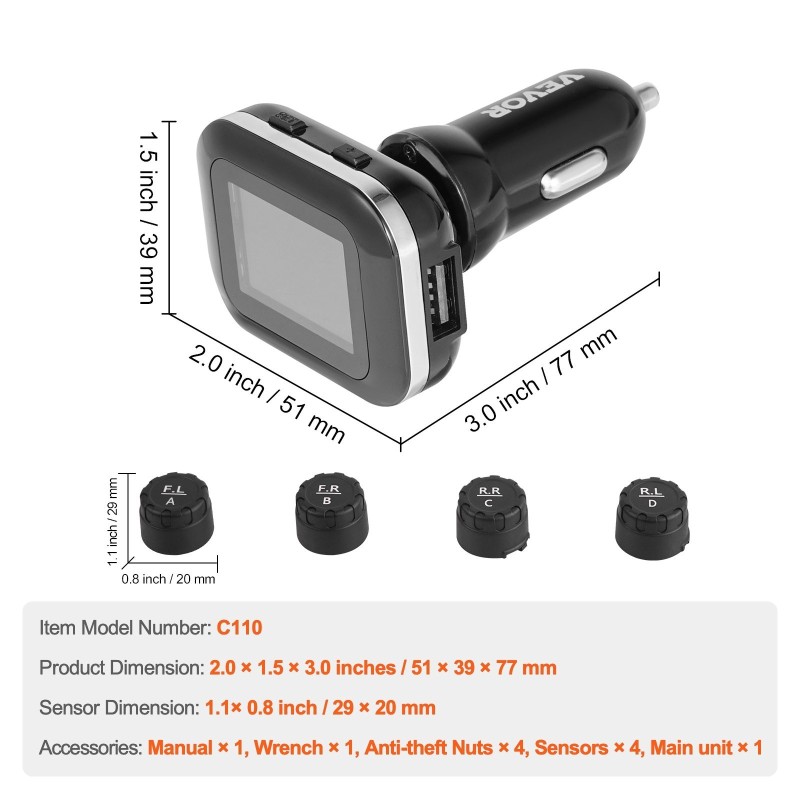 Rengaspaineen valvontajärjestelmä neljä ulkoista anturia reaaliaikaisella näytöllä tupakansytytinliitännällä 7,3–87 psi