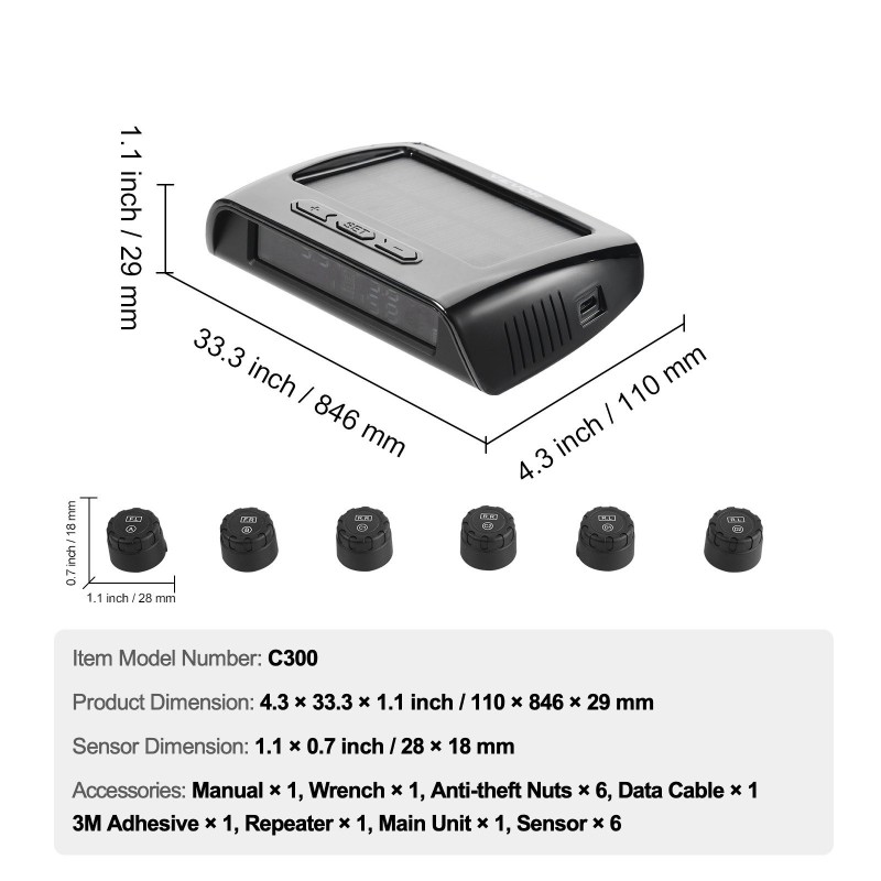 Rengaspaineiden valvontajärjestelmä 7,3–116 PSI 6 anturia reaaliaikainen aurinkolataus säänkestävä