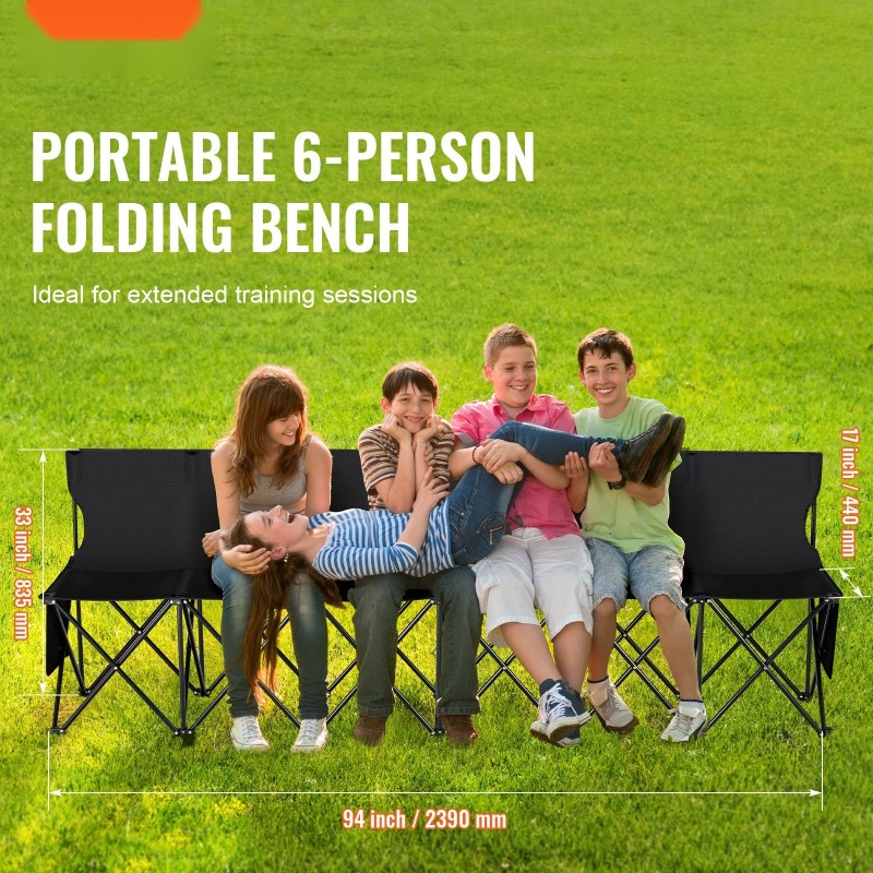 Taittuva 6-paikkainen penkki selkänojalla sivutaskuilla 600D Oxford-kangas metallirungolla musta kantolaukulla