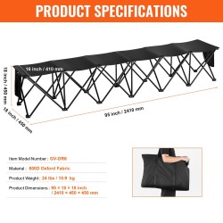 Taittuva kangaspenkki 6-paikkainen 600D Oxford-kangas metallirunko sivutaskuilla kantolaukulla musta