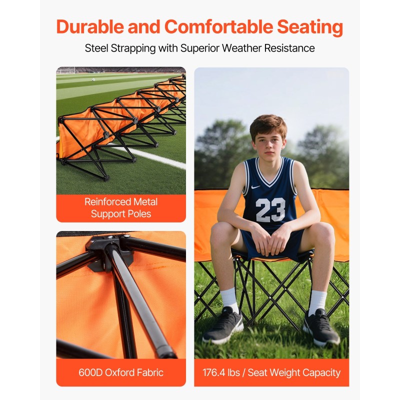 Taitettava 6-paikkainen penkki 600D Oxford-kangas selkänojalla sivutaskuilla kantolaukulla oranssi pyöreillä rautaputkilla