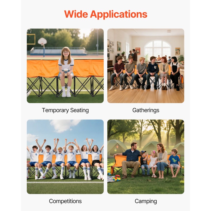 Taitettava 6-paikkainen penkki 600D Oxford-kangas selkänojalla sivutaskuilla kantolaukulla oranssi pyöreillä rautaputkilla