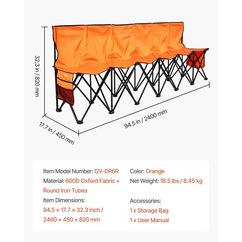 Taitettava 6-paikkainen penkki 600D Oxford-kangas selkänojalla sivutaskuilla kantolaukulla oranssi pyöreillä rautaputkilla
