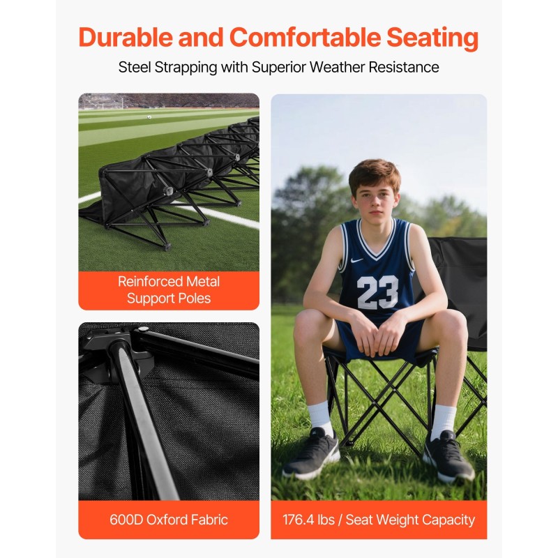 Taitettava sivurajapenkki 6-paikkainen selkänojilla 600D-kankaasta kantolaukulla kevyt musta