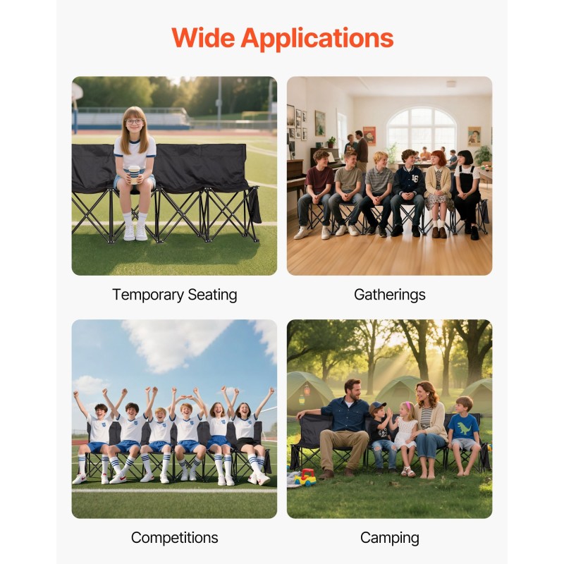 Taitettava sivurajapenkki 6-paikkainen selkänojilla 600D-kankaasta kantolaukulla kevyt musta